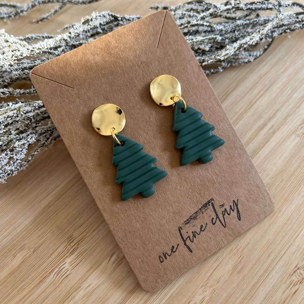 Evergreen Tree Dangle Earrings with Gold Posts